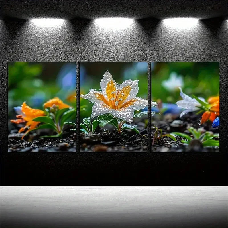 3pcs Vibrant Flowers Blooming with Water Drops Metal Print Ready to Hang Art