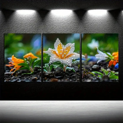 3pcs Vibrant Flowers Blooming with Water Drops Metal Print Ready to Hang Art
