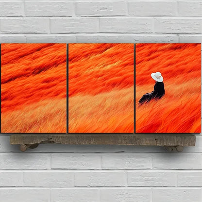 3pcs Person Wearing Straw Hat Is Sitting Grass Metal Print Ready to Hang Art