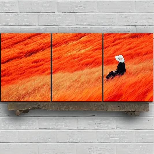 3pcs Person Wearing Straw Hat Is Sitting Grass Metal Print Ready to Hang Art