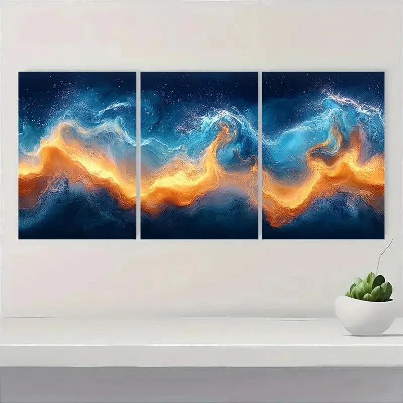 3pcs Abstract Ocean Waves Blue Fluid Art Metal Print Ready to Hang Art