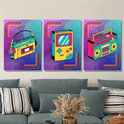 3pcs Vibrant Colorful Retro Gaming & Music Player Metal Print Ready to Hang Art