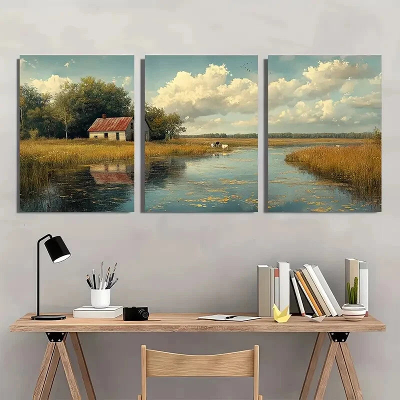 3pcs Rustic Cows at a Pond Pastoral Landscape Metal Print Ready to Hang Art