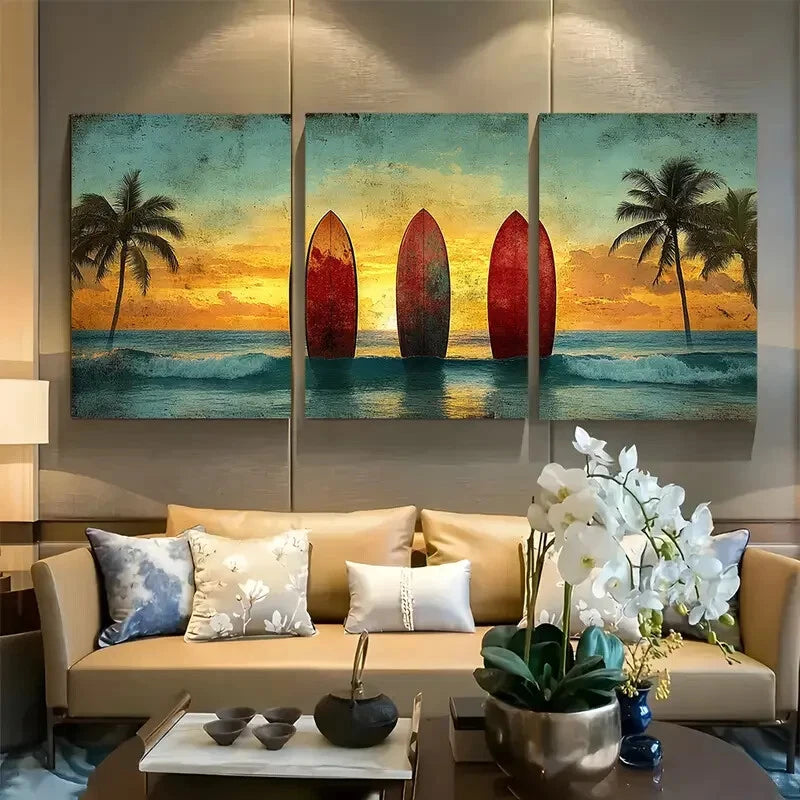 3pcs Surfboards Retro Beach Palm Trees Metal Print Ready to Hang Art