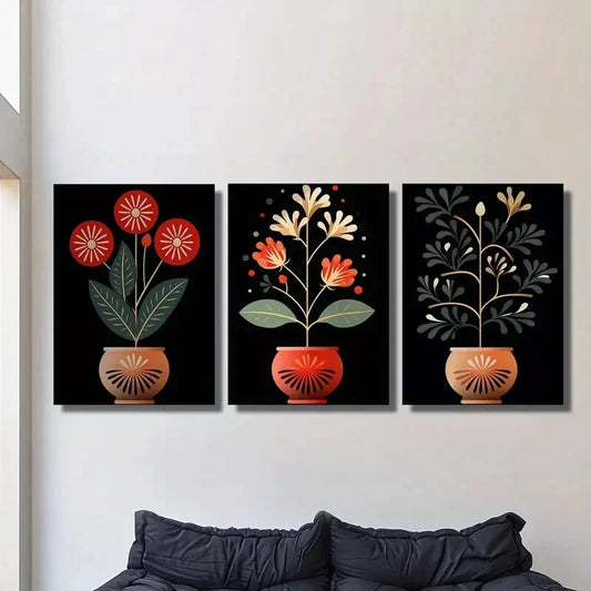 3pcs Floral Illustration of Plants in Pots Metal Print Ready to Hang Art