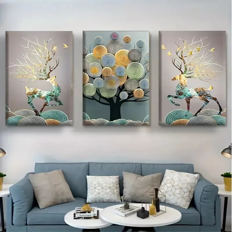 3pcs Abstract Chinese Feng Shui Golden Rich Tree Canvas Framed 40x60cm - High Quality Print 100% Australian Made Wall Canvas Ready to Hang
