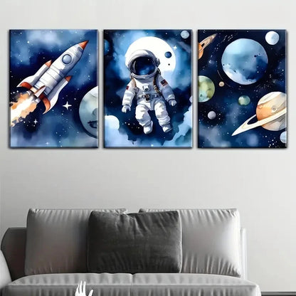 3pcs Cartoon Astronauts and Outer Space Painting Metal Print Ready to Hang Art