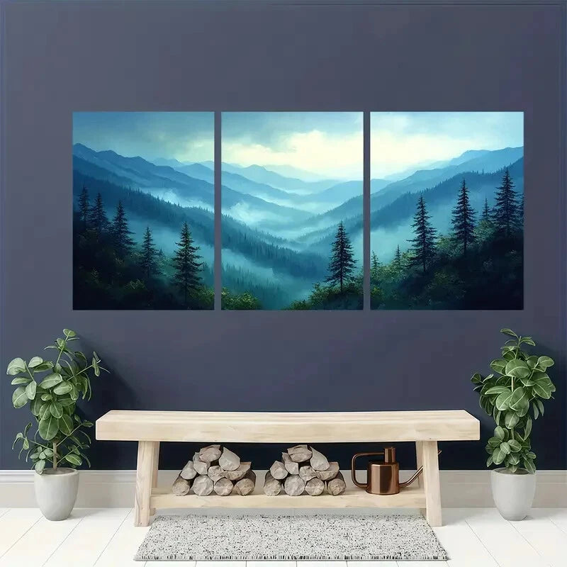 3pcs Appalachian Misty Pine Forest Landscape Metal Print Ready to Hang Art