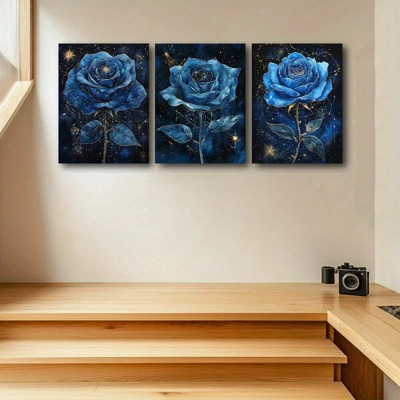 3pcs Elegant Blue Rose Trio Cosmic Floral Design Metal Print Ready to Hang Art