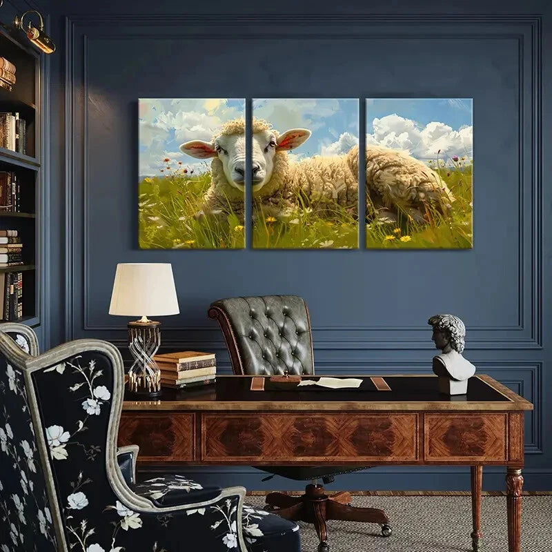 3pcs Pastoral Sheep Vibrant Wildflowers Metal Print Ready to Hang Art
