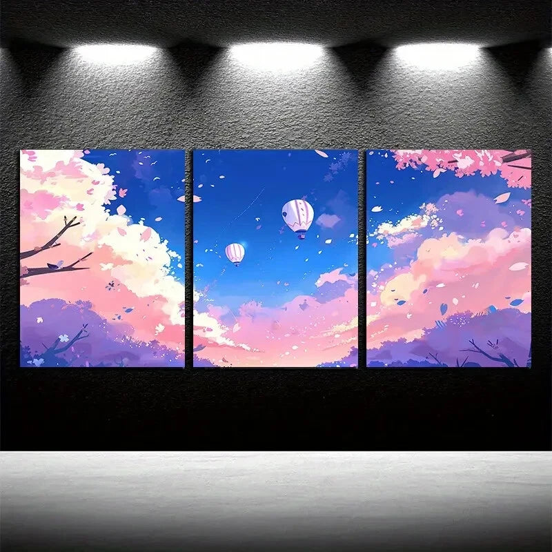3pcs Hot Air Balloons Over Colorful Sky Design Metal Print Ready to Hang Art