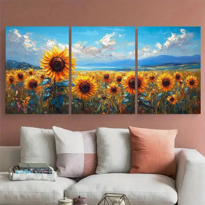 3pcs Sunflowers Fields Painting Floral Design Metal Print Ready to Hang Art
