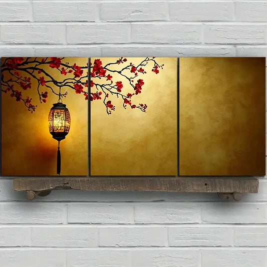 3pcs Plum Blossoms and Lanterns Metal Print Ready to Hang Art