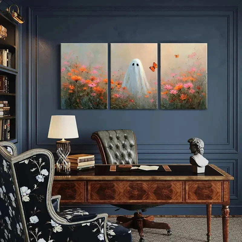 3pcs Artistic Ghost In Floral Field Whimsical Metal Print Ready to Hang Art