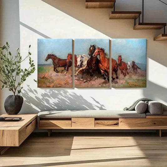 3pcs Vintage Running Horses Decoration Wall Art Set Canvas Framed 40x60cm - High Quality Print 100% Australian Made Wall Canvas Ready to Hang