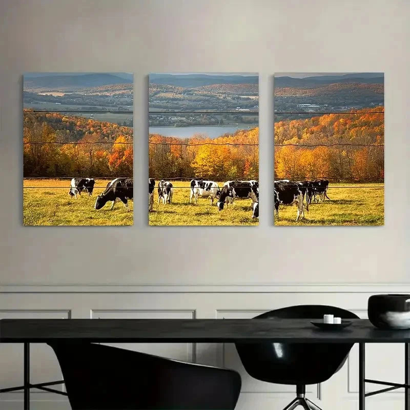 3pcs Herd of Cows Gazing Art Painting Metal Print Ready to Hang Art