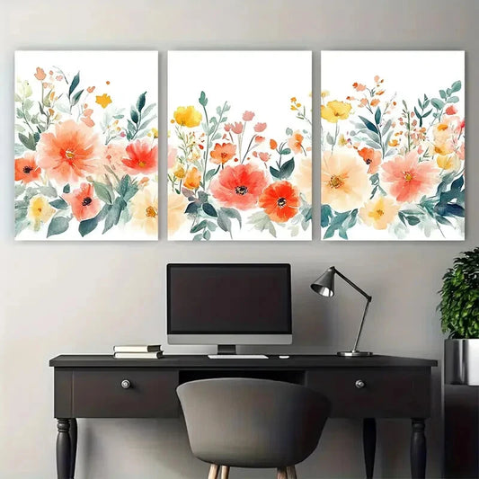 3pcs Colorful Floral with Leaves Illustration Metal Print Ready to Hang Art