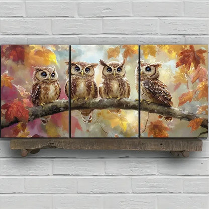 3pcs The Owl on the Branch Painting Metal Print Ready to Hang Art