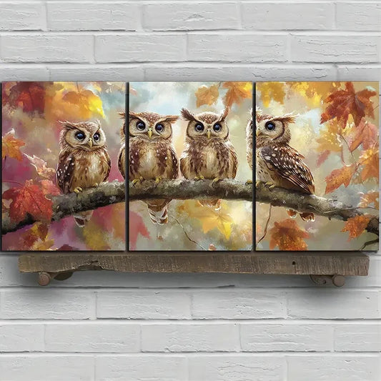 3pcs The Owl on the Branch Painting Metal Print Ready to Hang Art