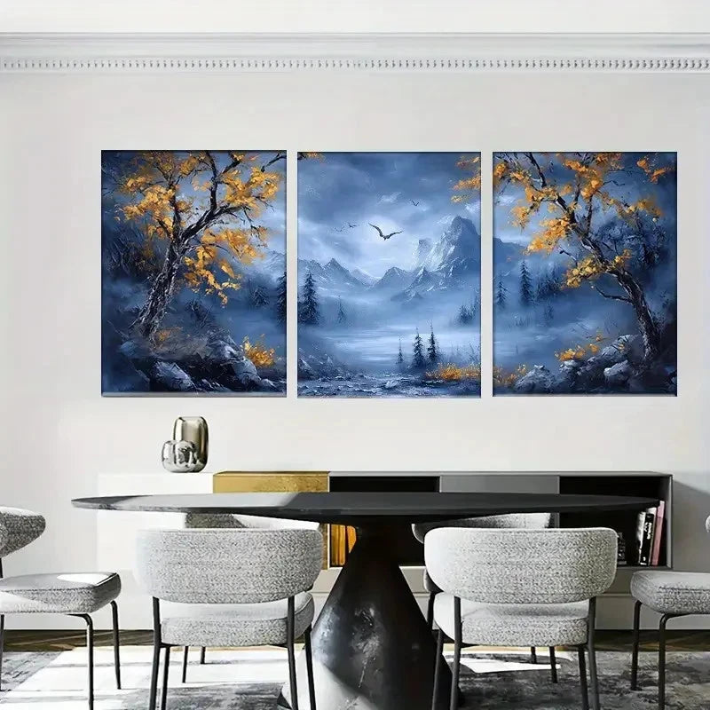 3pcs Artistic Mountain Landscape Golden Trees Metal Print Ready to Hang Art