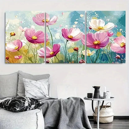 3pcs Pink Cosmos Floral Abstract Wall Art Set Canvas Framed 60x90cm - High Quality Print 100% Australian Made Wall Canvas Ready to Hang