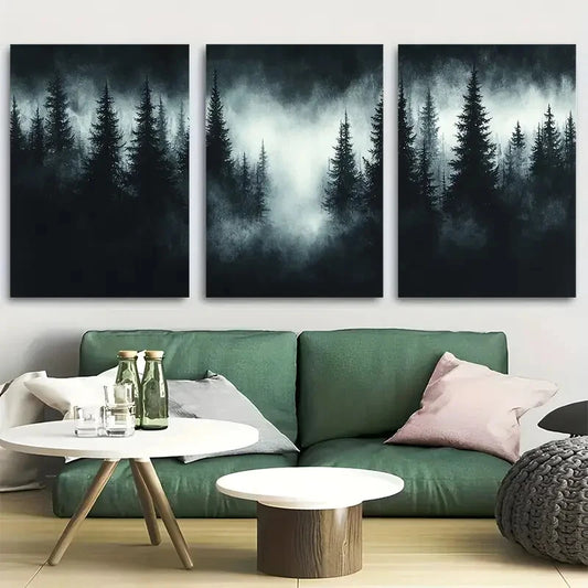 3pcs Mysterious Black and White Pine Tree Forest Metal Print Ready to Hang Art