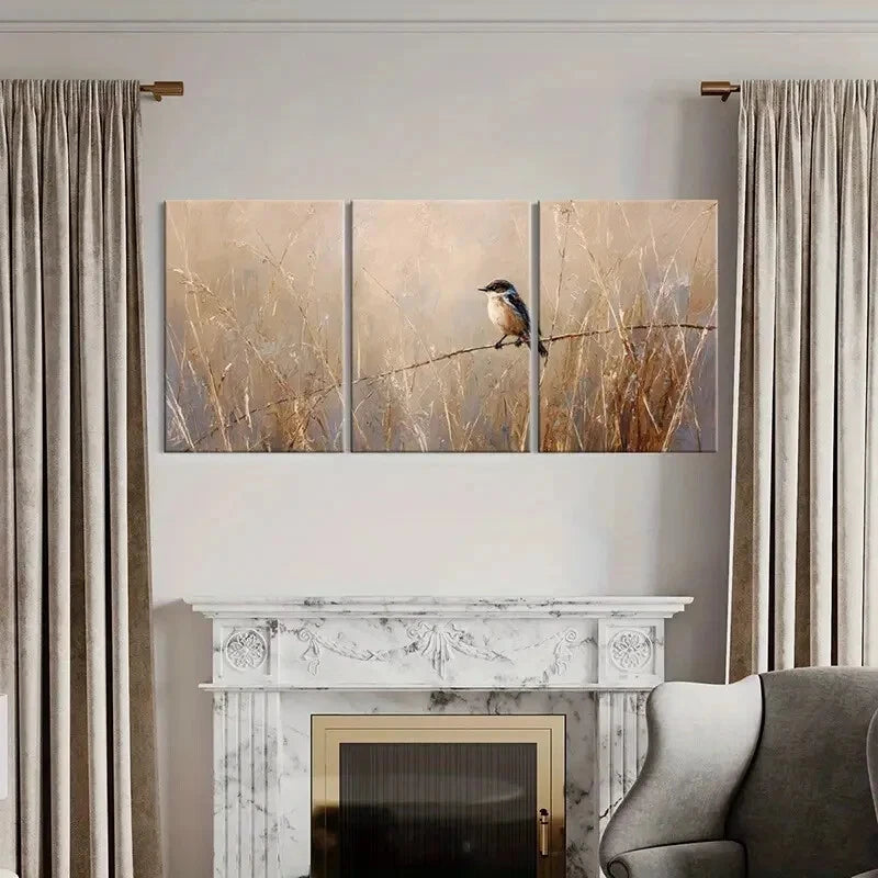3pcs Artistic Bird Perched On Branch Warm Tones Metal Print Ready to Hang Art