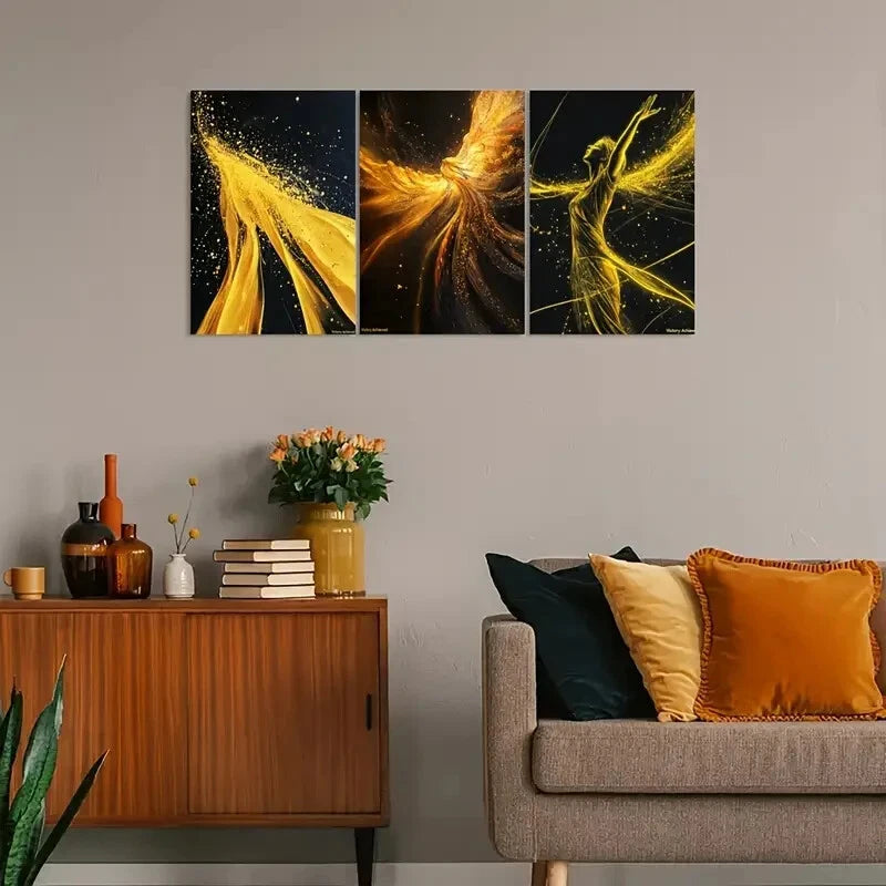 3pcs Golden & Vibrant Abstract Victory Metal Print Ready to Hang Art