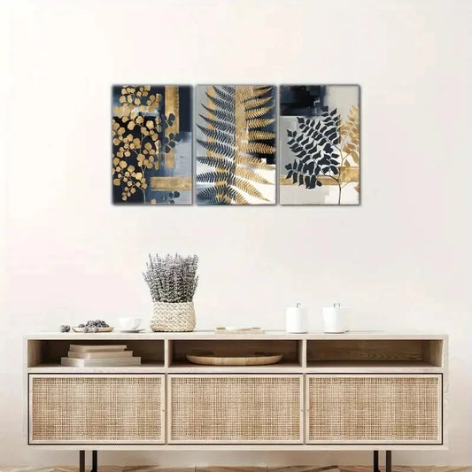 3pcs Botanical Wall Murals with Golden Leaves Metal Print Ready to Hang Art