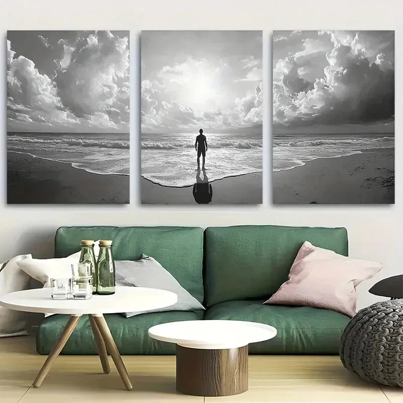 3pcs Man Standing On Beach Looking Into Ocean Metal Print Ready to Hang Art