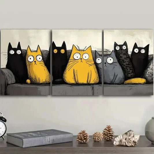 3pcs Black & Yellow Cats with Gray Accents Wall Art Set Canvas Framed 40x60cm - High Quality Print 100% Australian Made Wall Canvas Ready to Hang