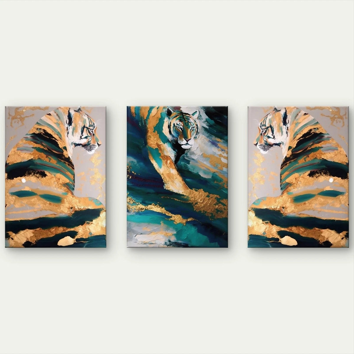 3pcs Modern Abstract Tiger and Gold Luxurious Wall Art Set Canvas Framed 60x90cm - High Quality Print 100% Australian Made Wall Canvas Ready to Hang