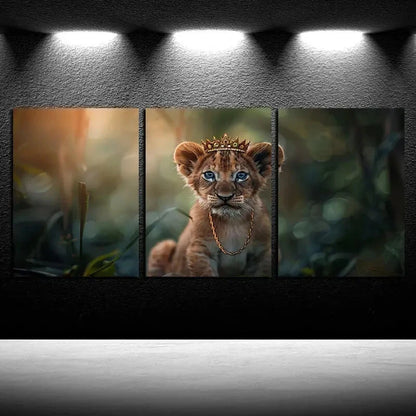 3pcs Lion Cub with Clown and Gold Chain Metal Print Ready to Hang Art