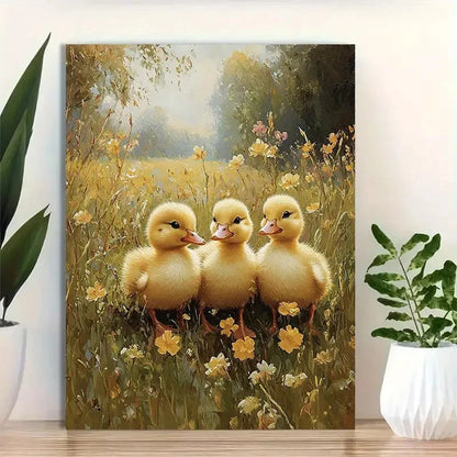 Beautiful Yellow Ducklings In Meadow Painting 40x60cm Metal Print Ready to Hang