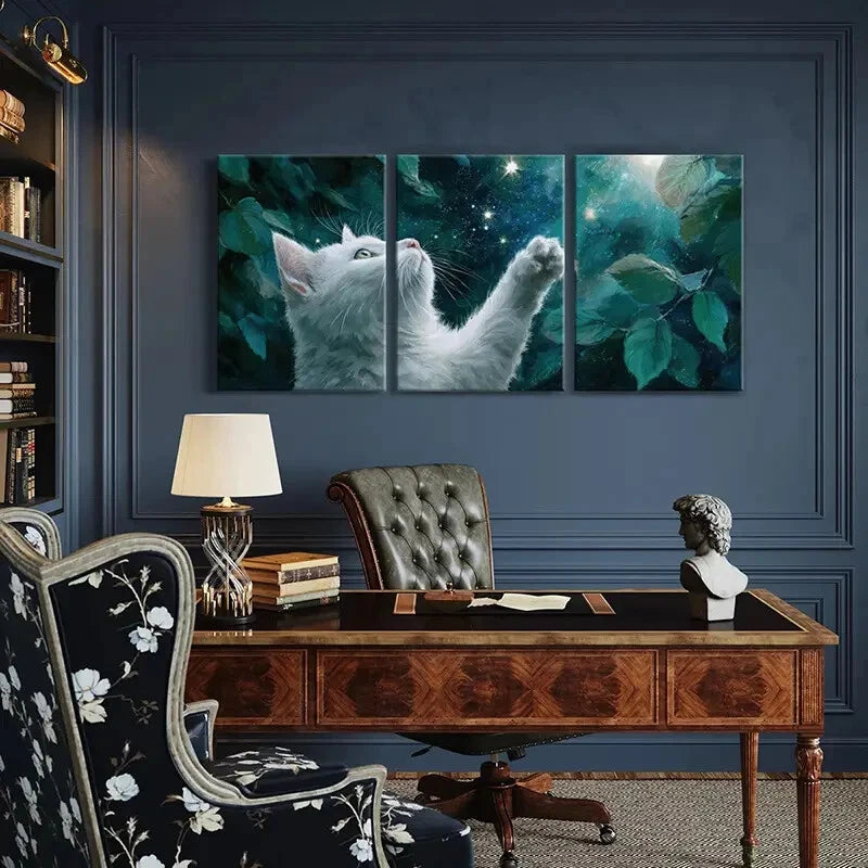 3pcs White Cat Reaching Stars Night Sky Green Metal Print Ready to Hang Art