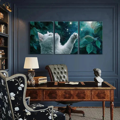 3pcs White Cat Reaching Stars Night Sky Green Metal Print Ready to Hang Art