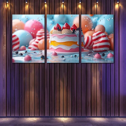 3pcs Birthday Celebration Scene Metal Print Ready to Hang Art