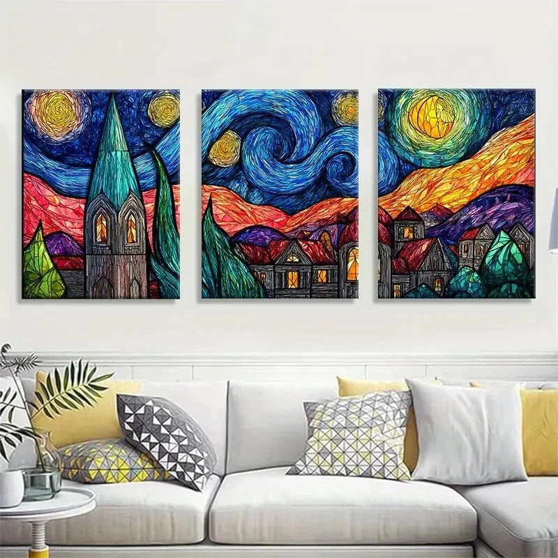 3pcs Stained Glass Starry Night Van Gogh Metal Print Ready to Hang Art