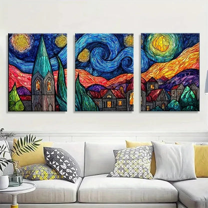 3pcs Stained Glass Starry Night Van Gogh Metal Print Ready to Hang Art