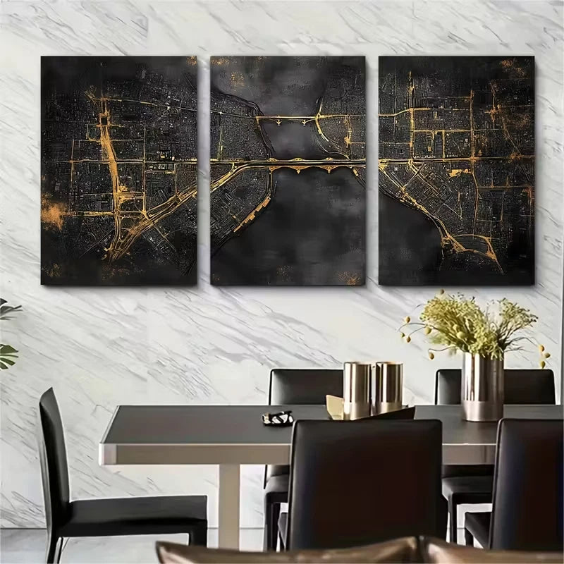 3pcs Black and White Urban Paris Map Metal Print Ready to Hang Art