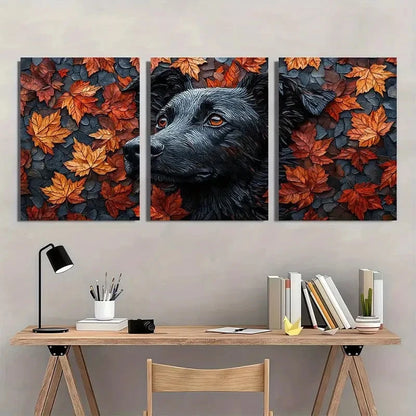 3pcs Leaf Dog Vibrant Autumn Foliage Design Wall Art Set Canvas Framed 60x90cm - High Quality Print 100% Australian Made Wall Canvas Ready to Hang