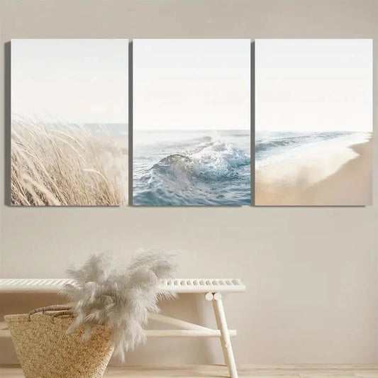 3pcs Seamless Sandy Shore Waves Metal Print Ready to Hang Art