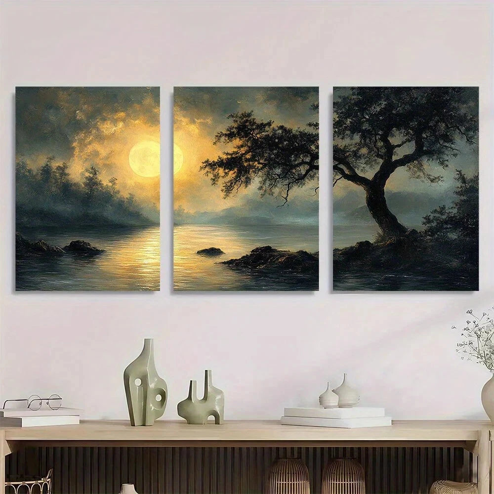 3pcs Serene Sunset Lake Scenery with Full Moon Metal Print Ready to Hang Art