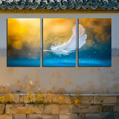 3pcs White Feather in vibrant Background Metal Print Ready to Hang Art