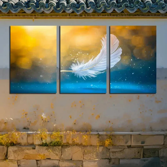 3pcs White Feather in vibrant Background Metal Print Ready to Hang Art