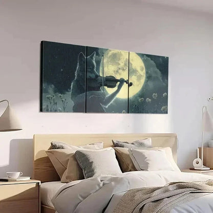 3pcs Wolf Playing Violin Under Full Moon Wall Art Set Canvas Framed 40x60cm - High Quality Print 100% Australian Made Wall Canvas Ready to Hang
