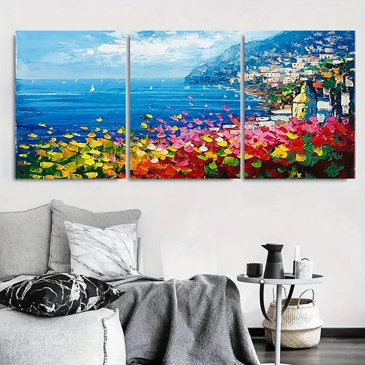 3pcs Vibrant Flower Field and Mediterranean Metal Print Ready to Hang Art