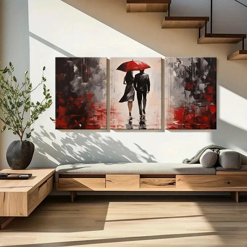 3pcs Red Umbrella Rainy Scene Romantic Couple Metal Print Ready to Hang Art