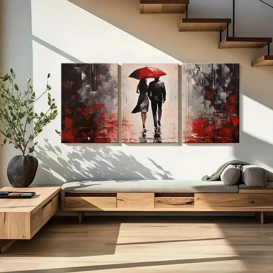 3pcs Red Umbrella Rainy Scene Romantic Couple Metal Print Ready to Hang Art