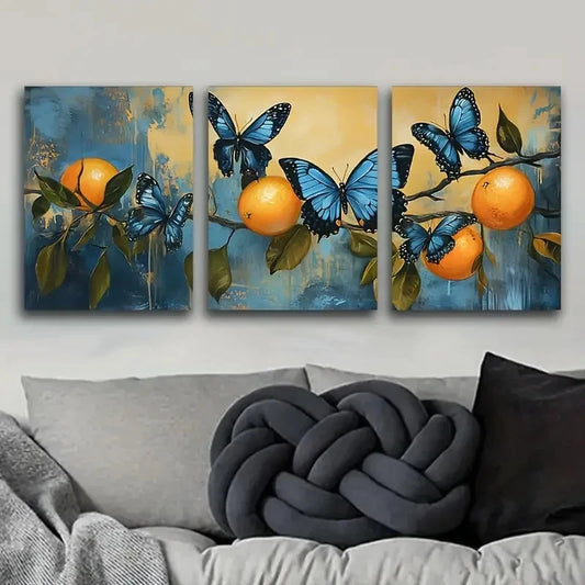 3pcs Blue Butterfly And Orange Trees Wall Art Set Canvas Framed 40x60cm - High Quality Print 100% Australian Made Wall Canvas Ready to Hang